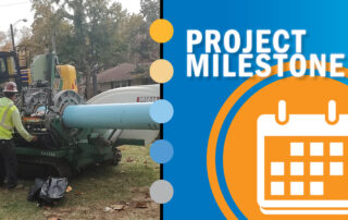 Sanitary District of Decatur Lost Bridge Force Main Project Milestone. Image features a pipe being pulled.