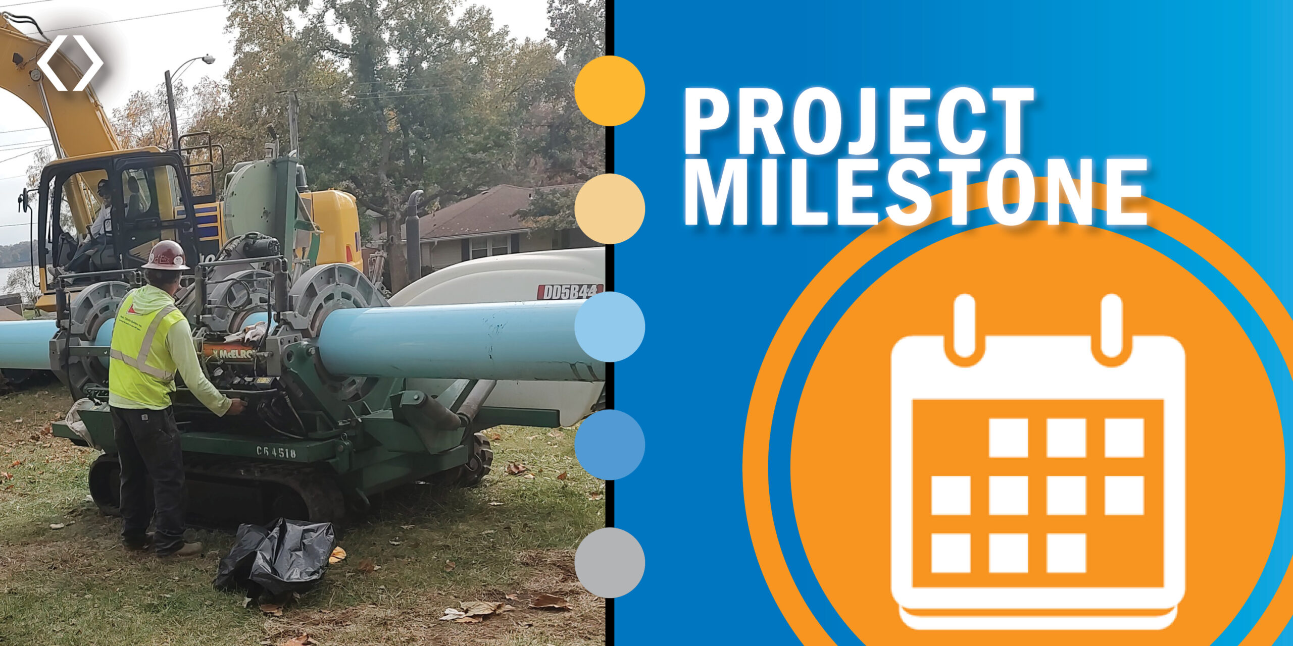 Sanitary District of Decatur Lost Bridge Force Main Project Milestone. Image features a pipe being pulled.